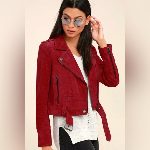 Blank NYC Red Suede Leather Moto Jacket Belted Zip Pockets Backhanded Sz S - Picture 8 of 9
